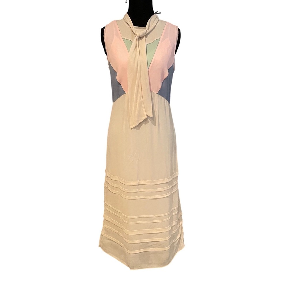 Coach‎ Colorblock Sleeveless Tie Neck Midi Dress Sz 00 Cream Pink Blue Soft Girl